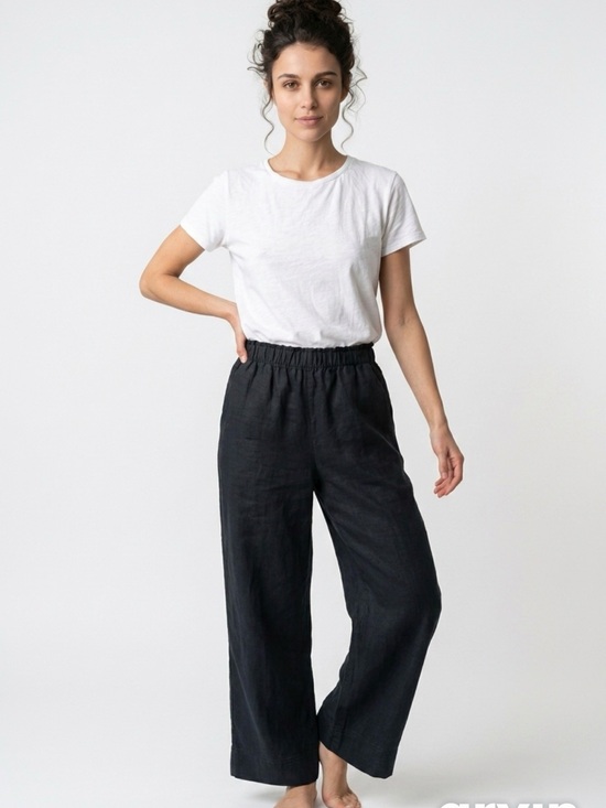 H&M Pants - H&M Wide-Leg Elastic Waist Pants, Black, front linen lined pockets, cotton, Sm